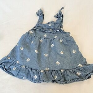 Nicole Miller Light Blue Denim Overall Dress Floral Embroidered Sleeveless 0-3M